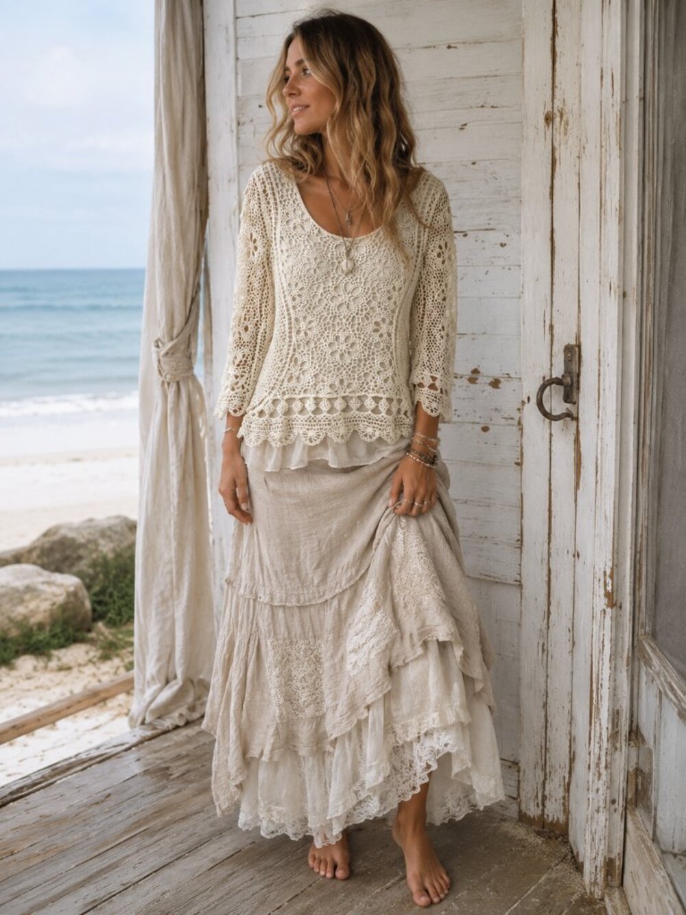 V CHRISTINA Lagenlook Shabby Boho Crochet Lace Top Womens Cream Coastal Blouse